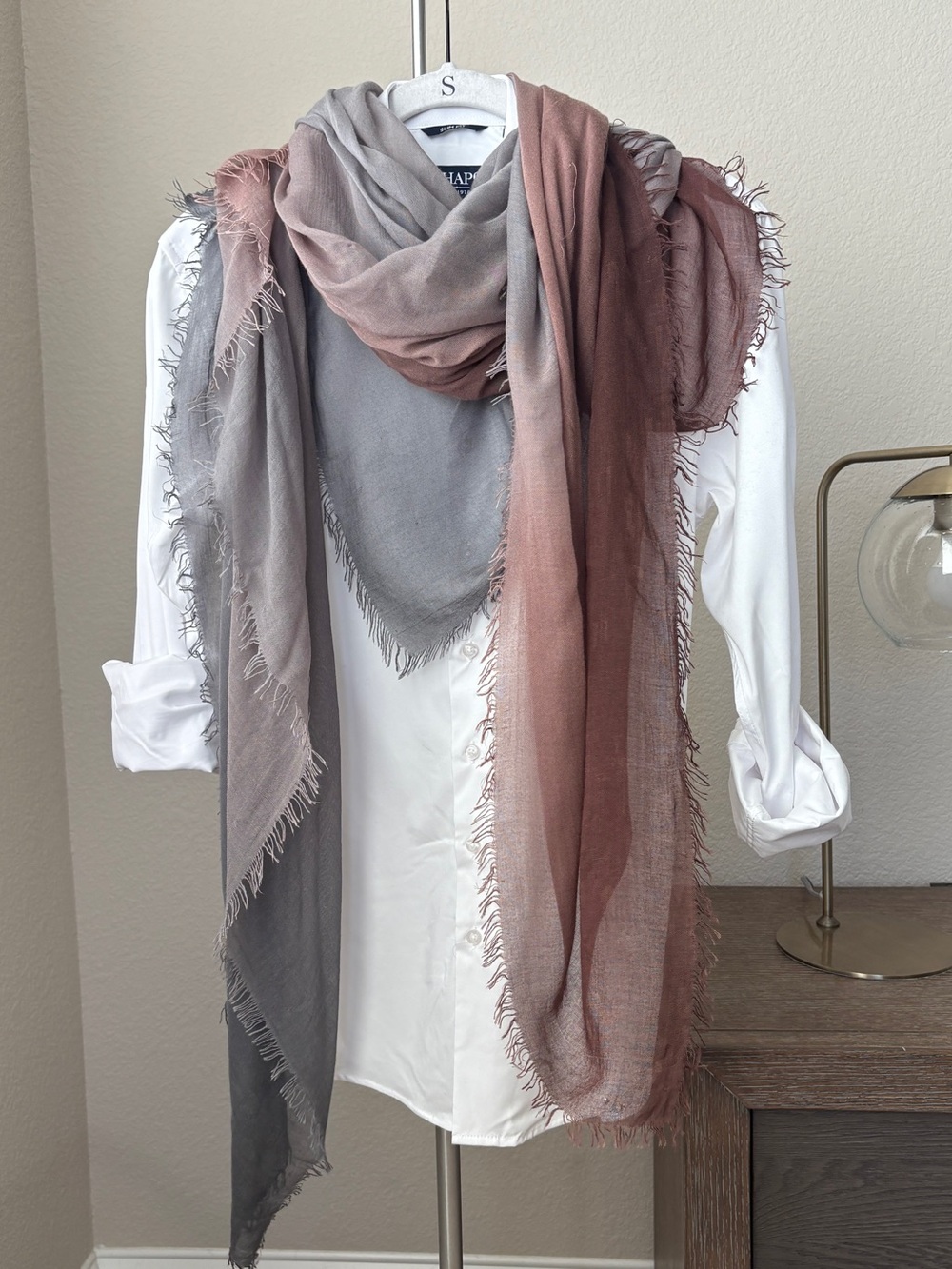 Lightweight Ombre Fringe Scarf in Taupe and Rose